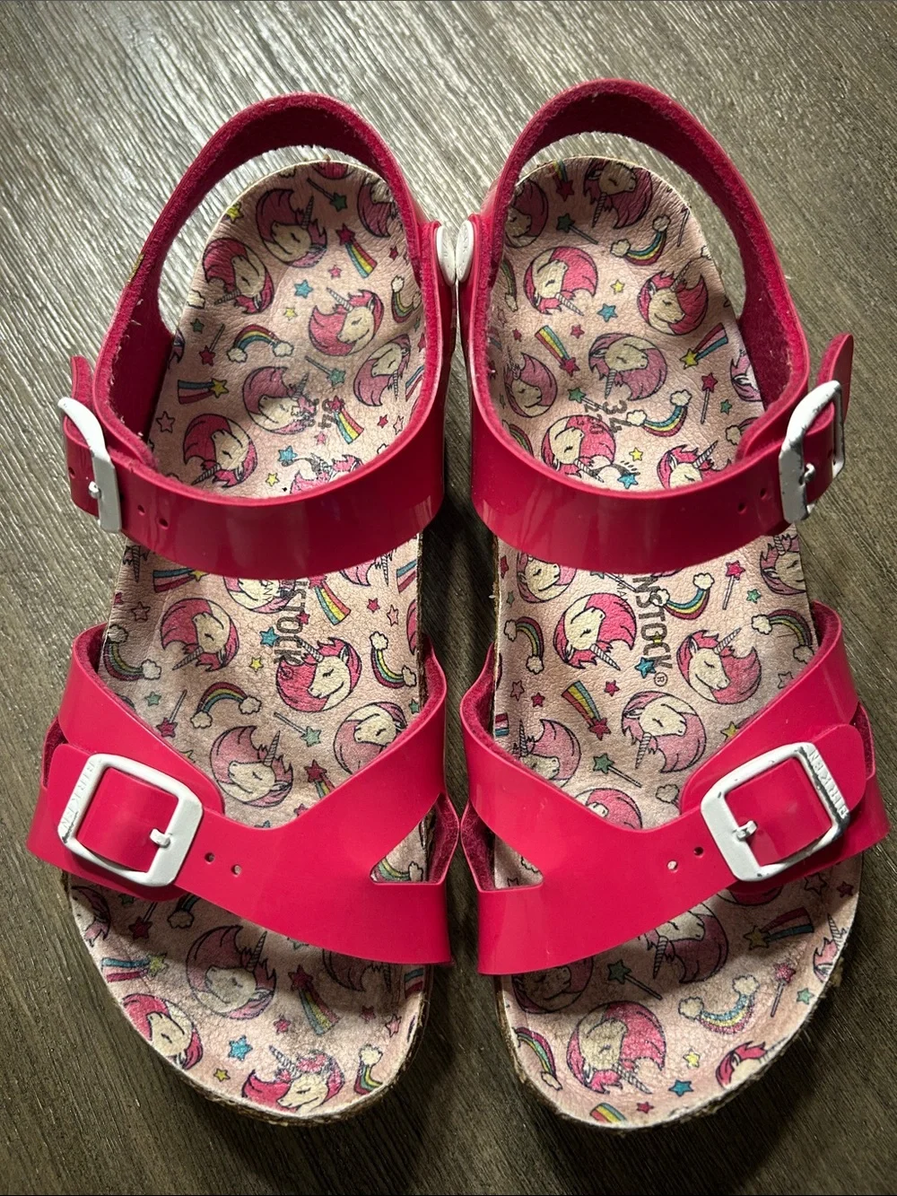 Birkenstock Girls Pink Buckle Sandals with Unicorn Print Sz. 3.